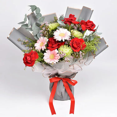 Birthday Love, Blooms of Celebration Bouquet, Red Roses, Light Pink Gerbera, Green Chrysanthemum Delistar, Purple Wax Filler, Green Lipidium Filler, Cinerea Eucalyptus Filler, Arranged in a Bouquet
